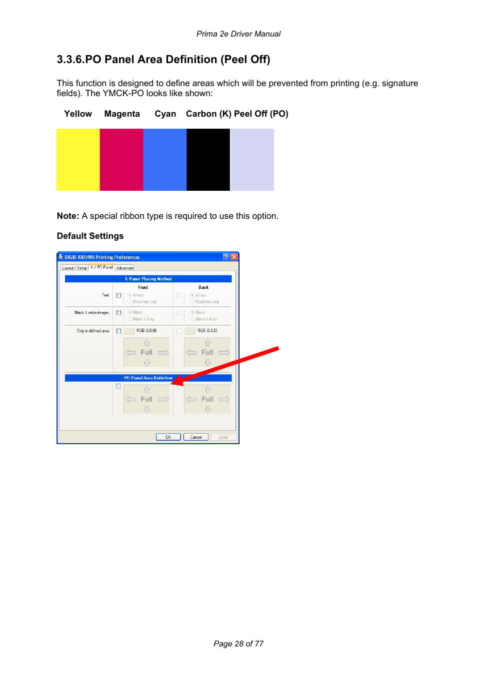 Po panel area definition (peel off) | Prima MAGICARD 2e User Manual | Page 28 / 77