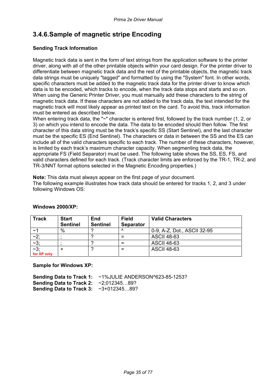 Sample of magnetic stripe encoding | Prima MAGICARD 2e User Manual | Page 35 / 77