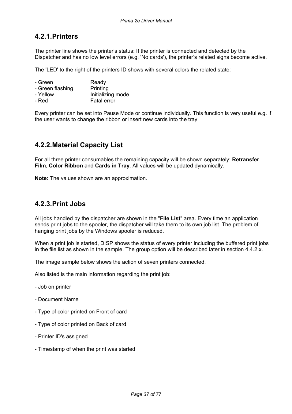 Printers, Material capacity list, Print jobs | Prima MAGICARD 2e User Manual | Page 37 / 77