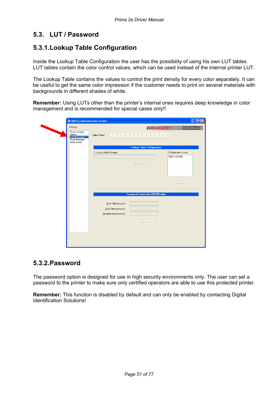 Lut / password 5.3.1. lookup table configuration, Password | Prima MAGICARD 2e User Manual | Page 51 / 77