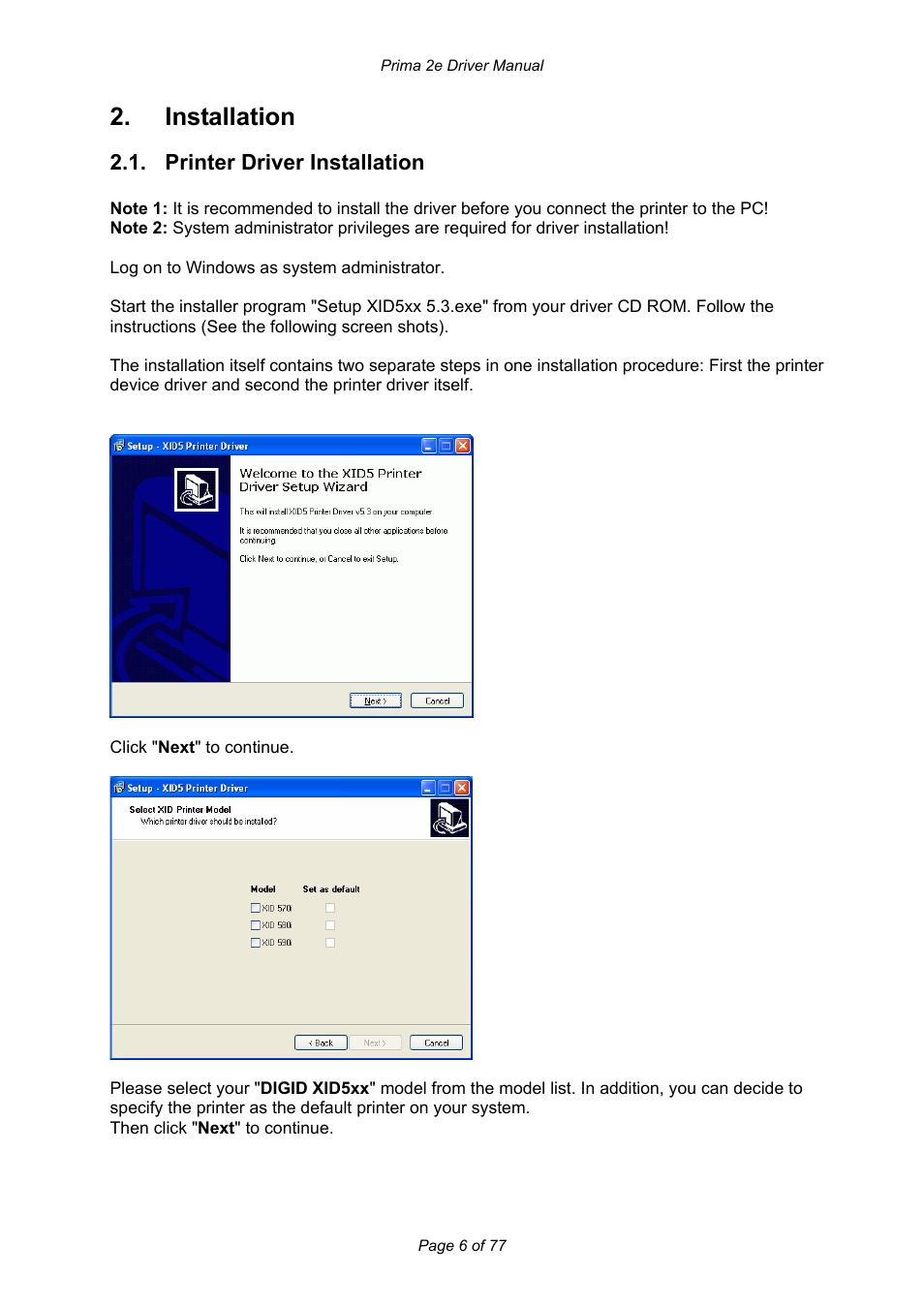 Installation, Printer driver installation | Prima MAGICARD 2e User Manual | Page 6 / 77