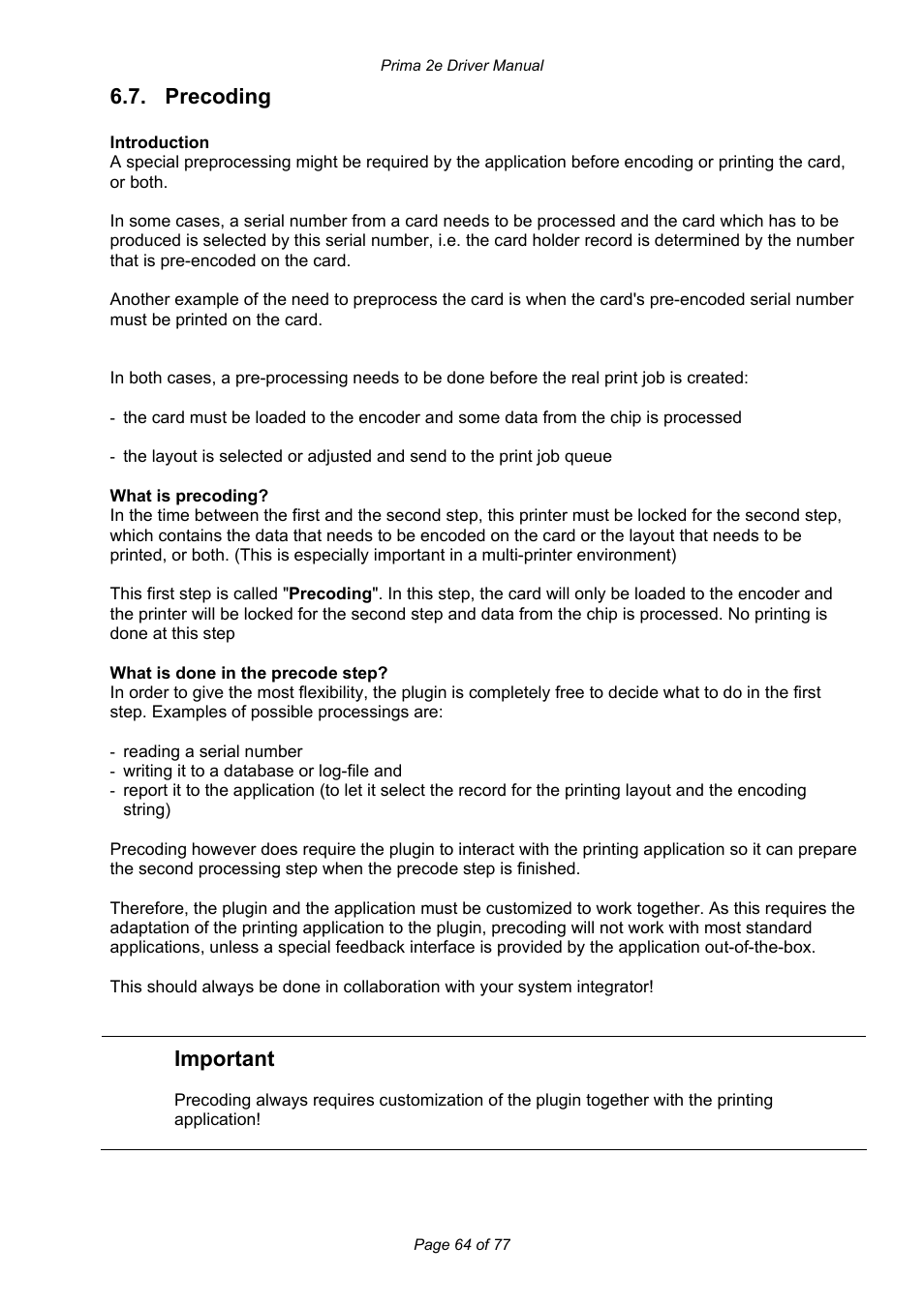 Precoding, Important | Prima MAGICARD 2e User Manual | Page 64 / 77
