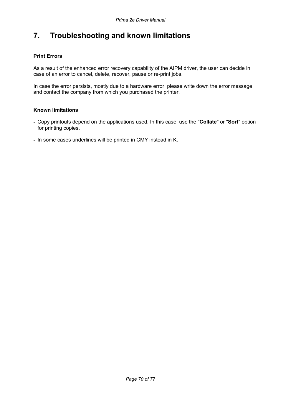 Troubleshooting and known limitations | Prima MAGICARD 2e User Manual | Page 70 / 77