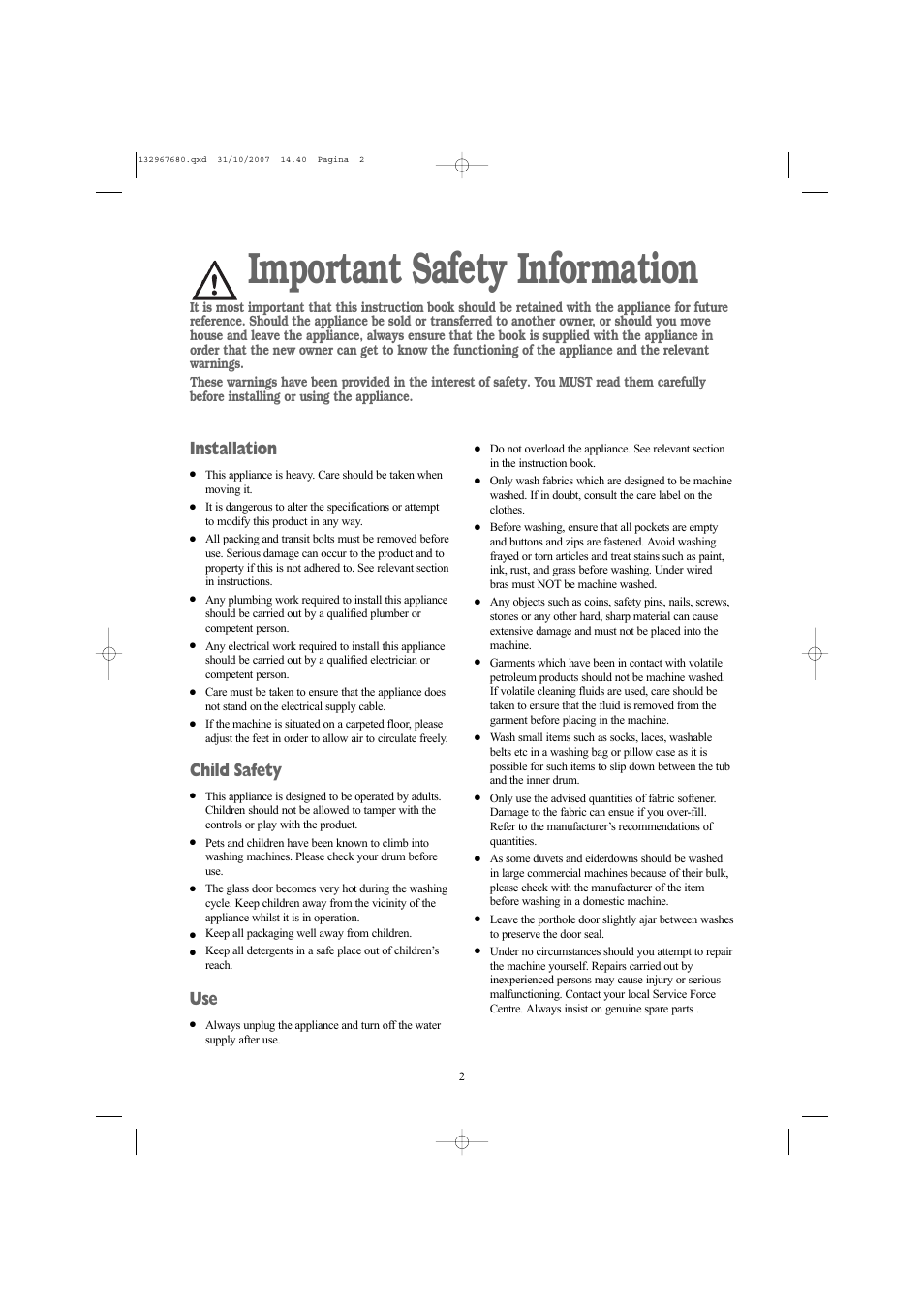 Important safety information, Installation, Child safety | Prima LPR 712 User Manual | Page 2 / 28