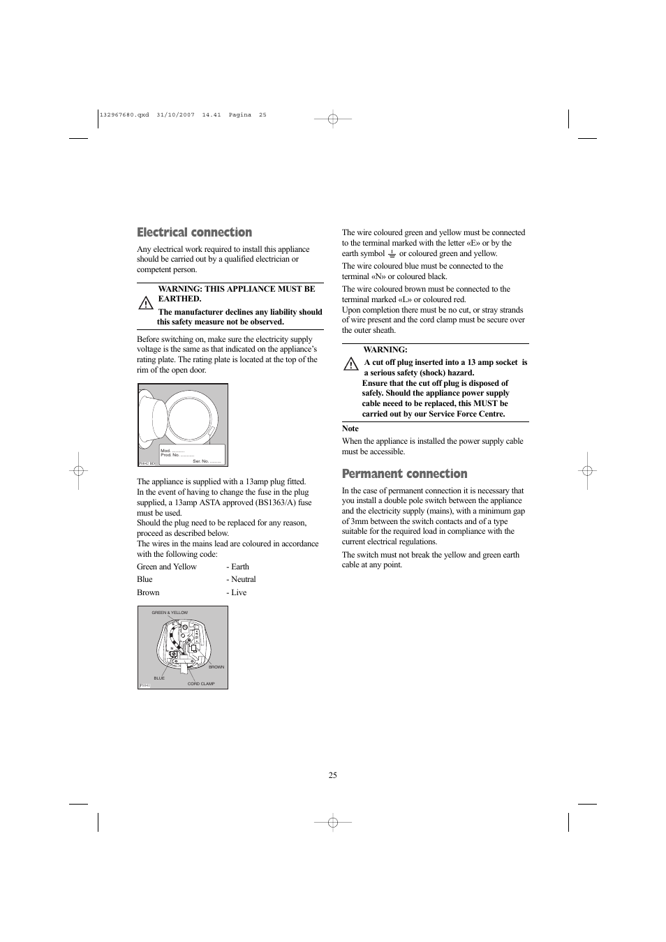 Electrical connection, Permanent connection, Mod . .......... pro d. n o. ........... se r. n o | Prima LPR 712 User Manual | Page 25 / 28