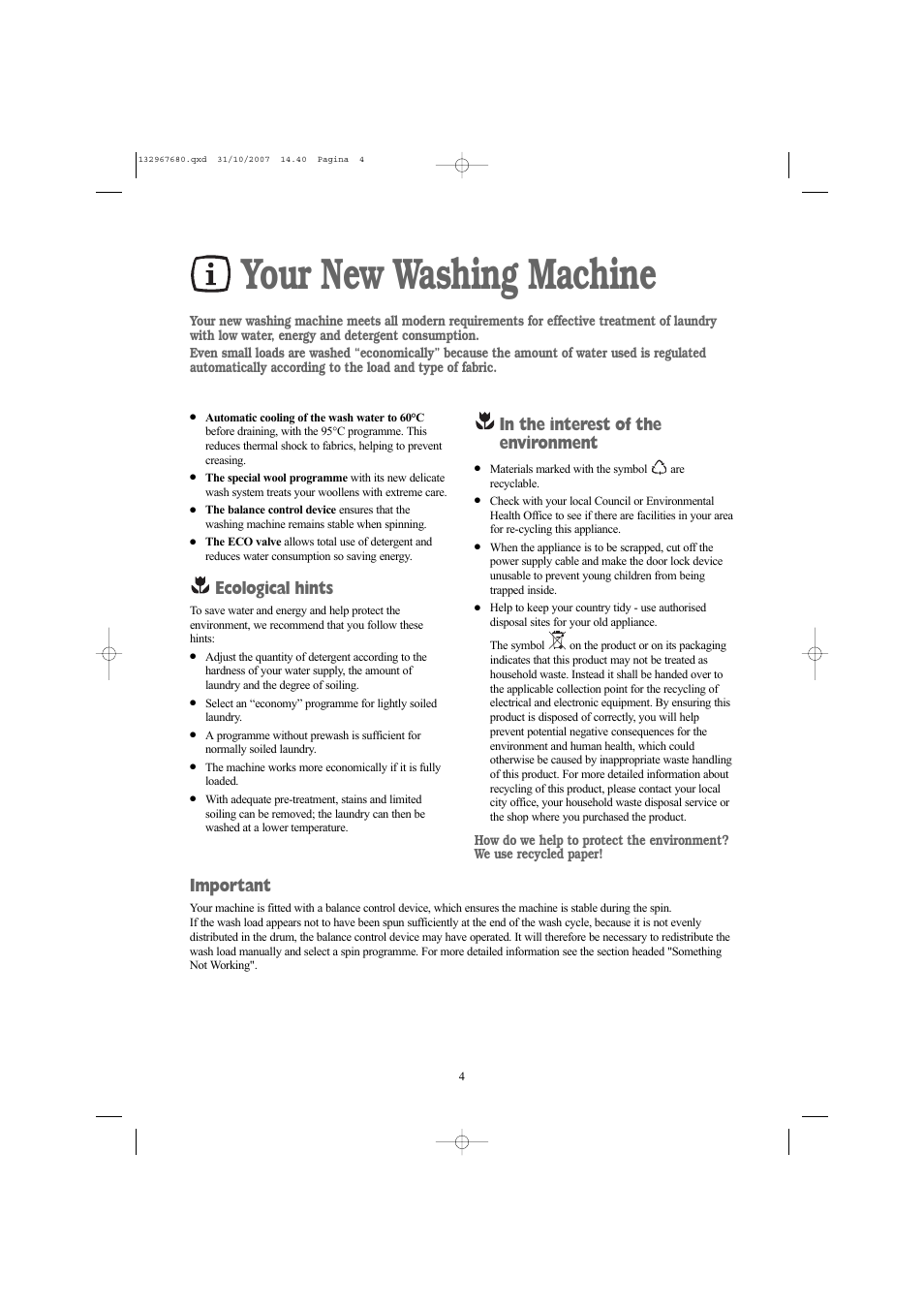 Your new washing machine, Ecological hints, Important | Prima LPR 712 User Manual | Page 4 / 28