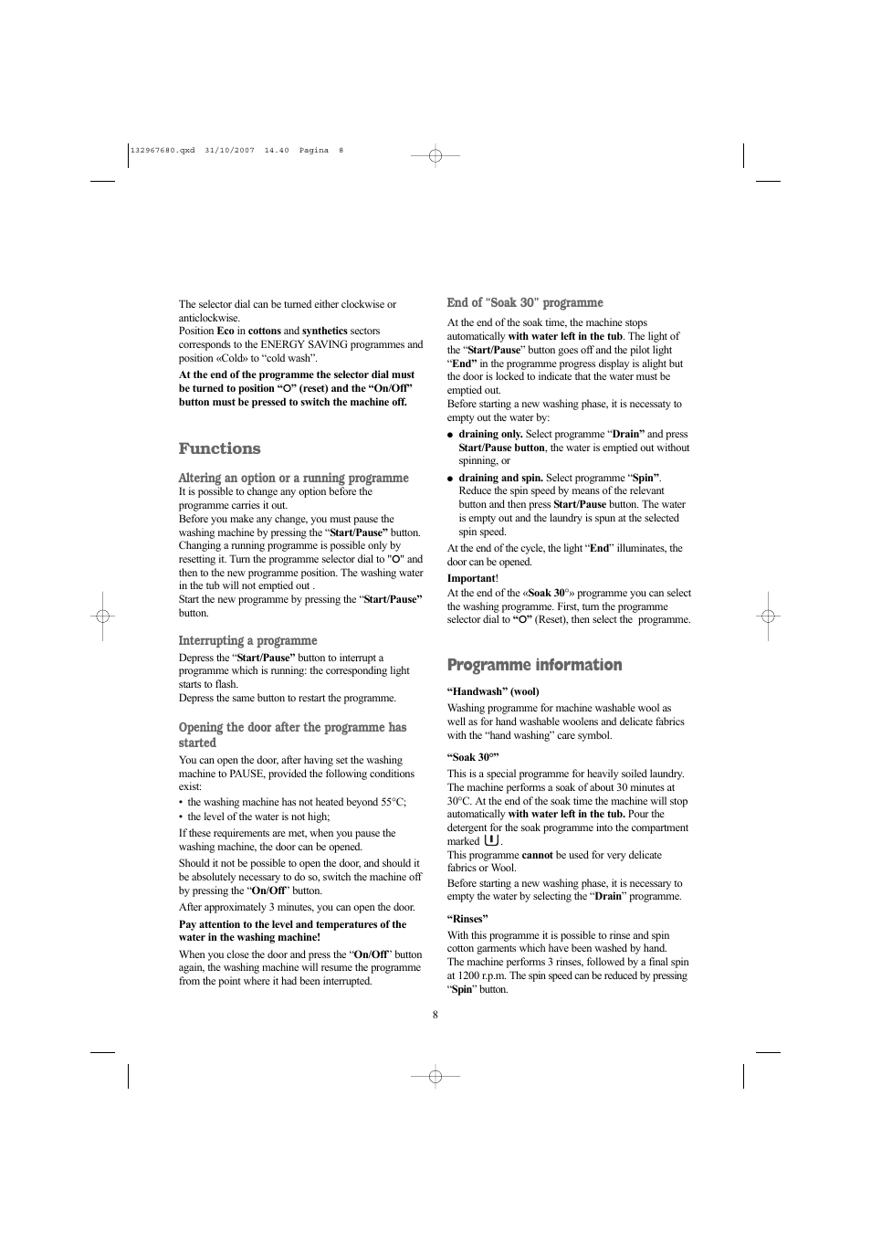 Programme information, Functions | Prima LPR 712 User Manual | Page 8 / 28