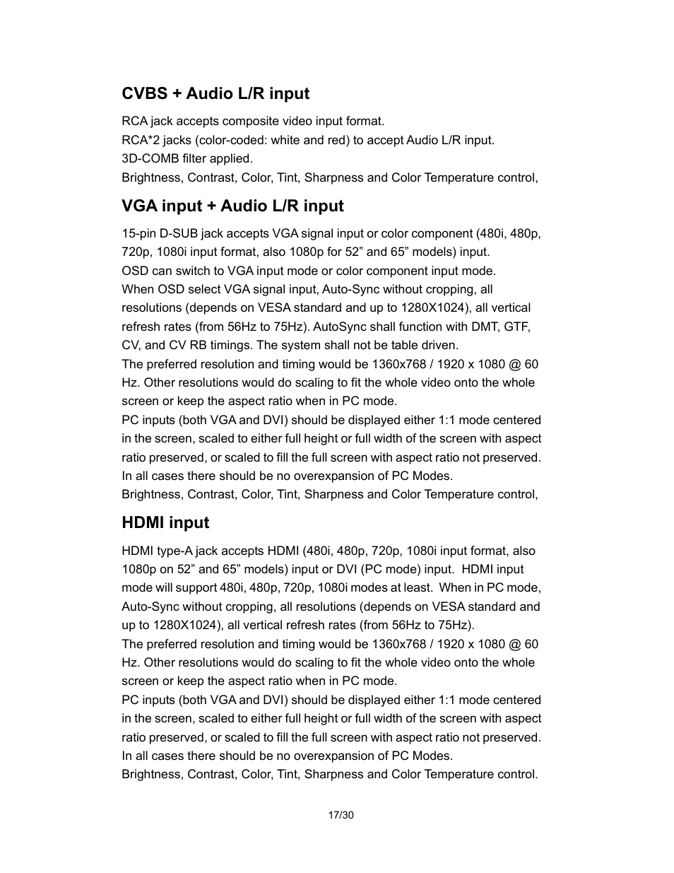 Cvbs + audio l/r input, Vga input + audio l/r input, Hdmi input | Pantel PAN520 User Manual | Page 17 / 30