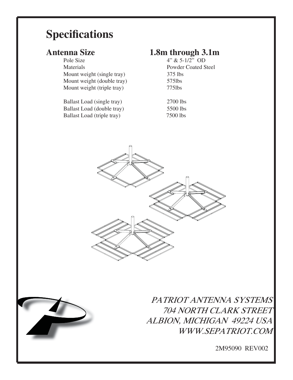 Specifi cations, Antenna size 1.8m through 3.1m | Patriot Products PTX-NP550 User Manual | Page 12 / 12