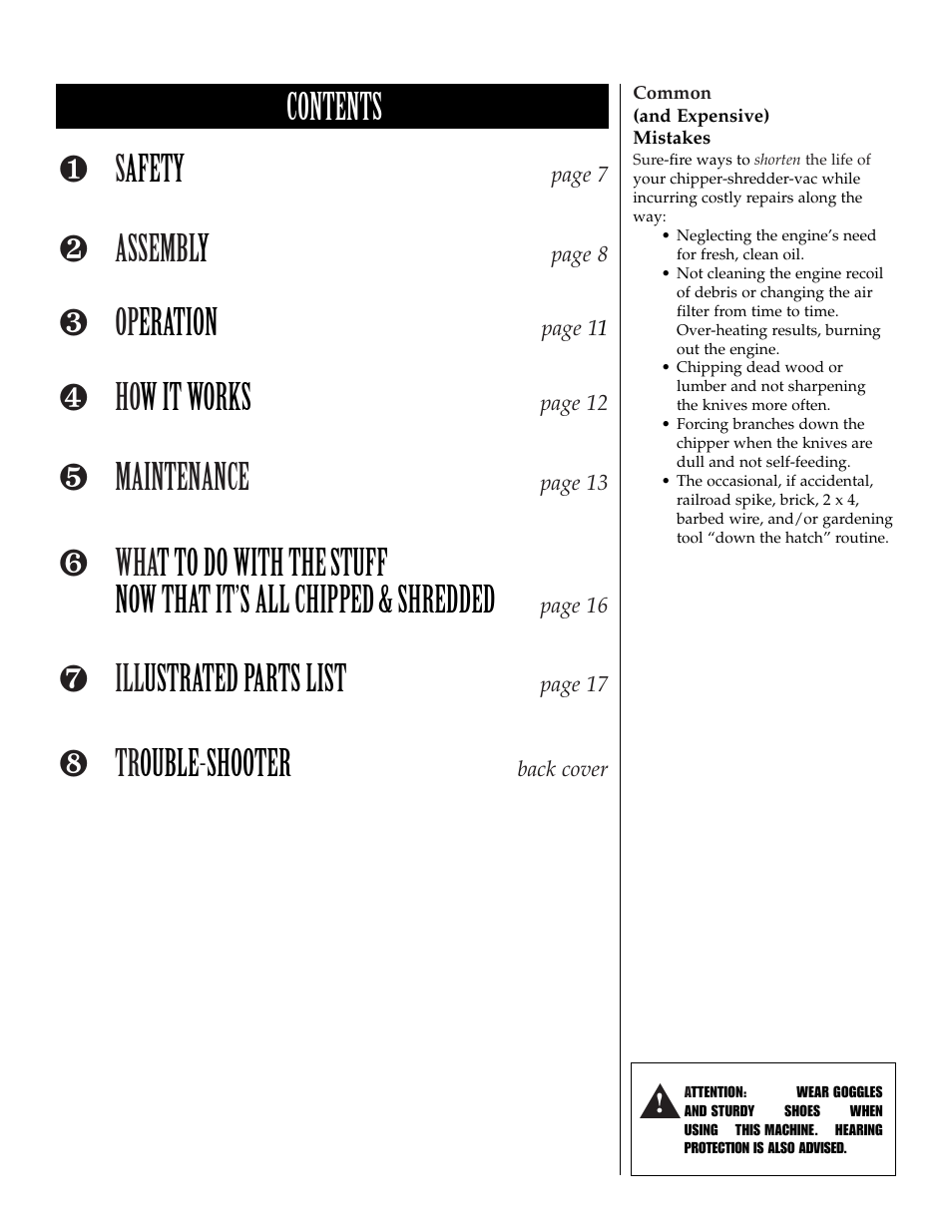 Contents ❶ s afety, Assembl y, Op eration | Ho w it works, Maintenance, Ill ustrated parts list, Tr ouble-shooter | Patriot Products 10F-CSV User Manual | Page 2 / 21