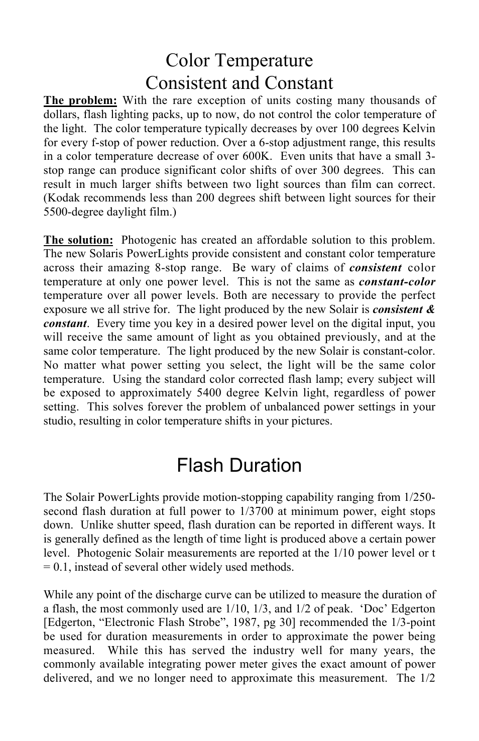 Color temperature consistent and constant, Flash duration | Photogenic Professional Lighting PLR500DR User Manual | Page 10 / 24