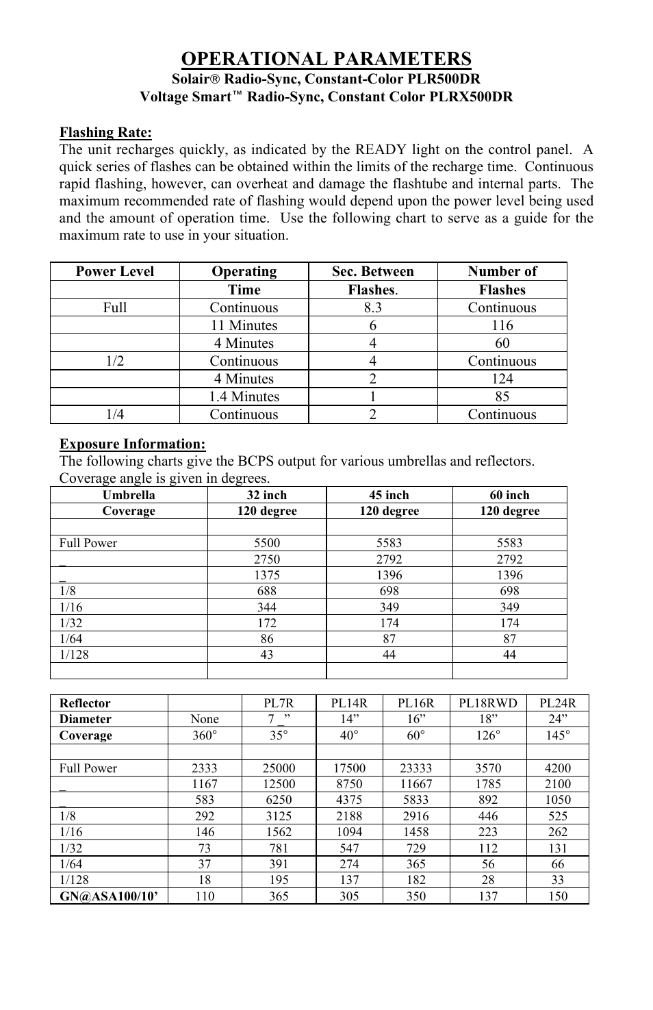 Operational parameters | Photogenic Professional Lighting PLR500DR User Manual | Page 14 / 24