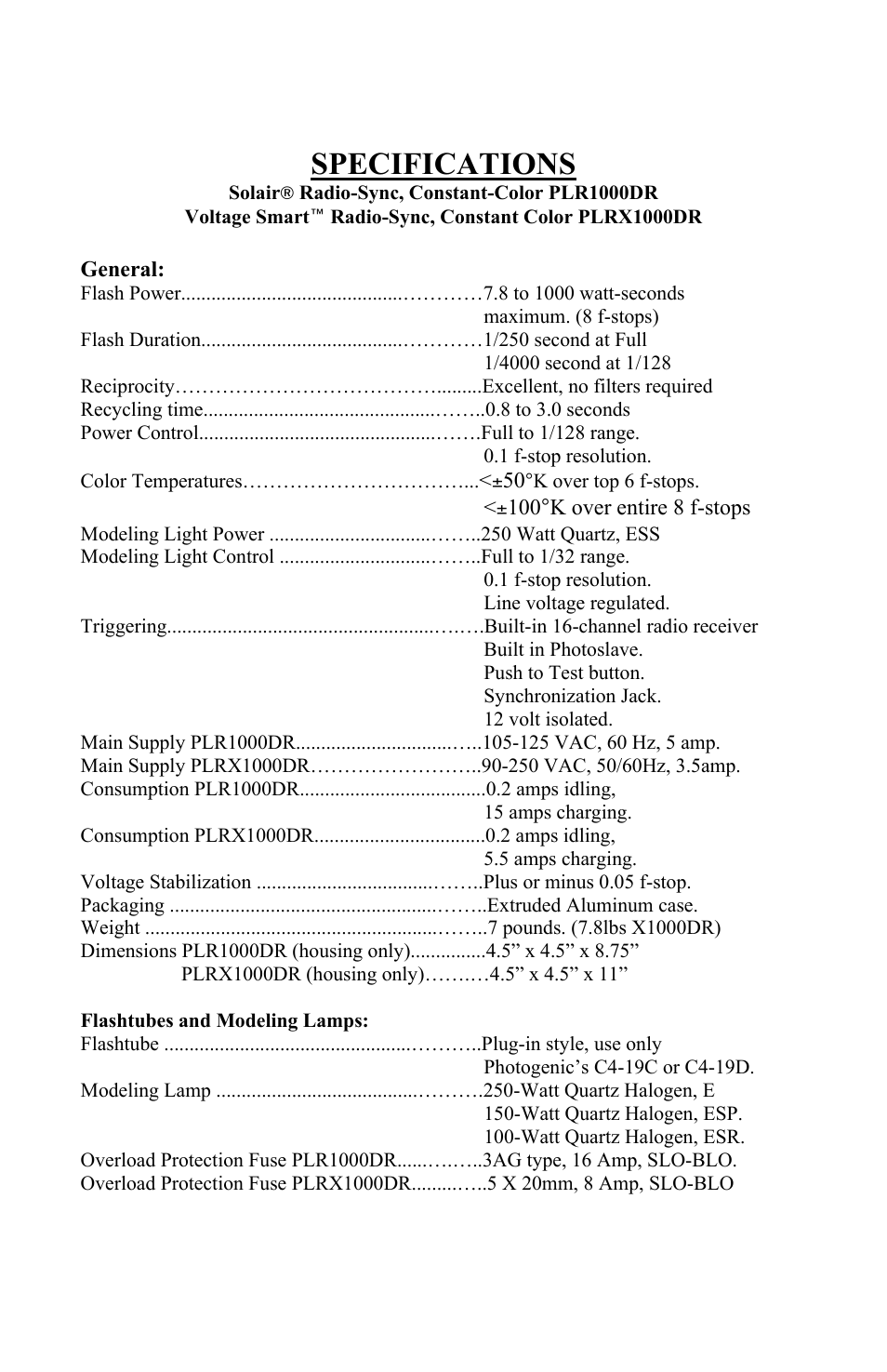 Specifications | Photogenic Professional Lighting PLR500DR User Manual | Page 17 / 24