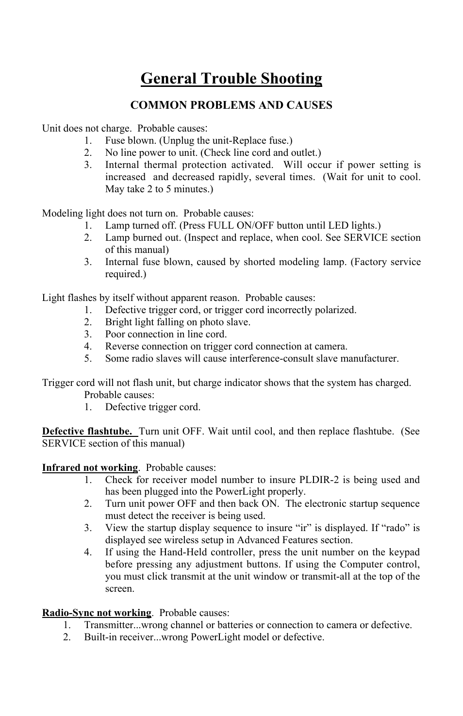 General trouble shooting | Photogenic Professional Lighting PLR500DR User Manual | Page 21 / 24