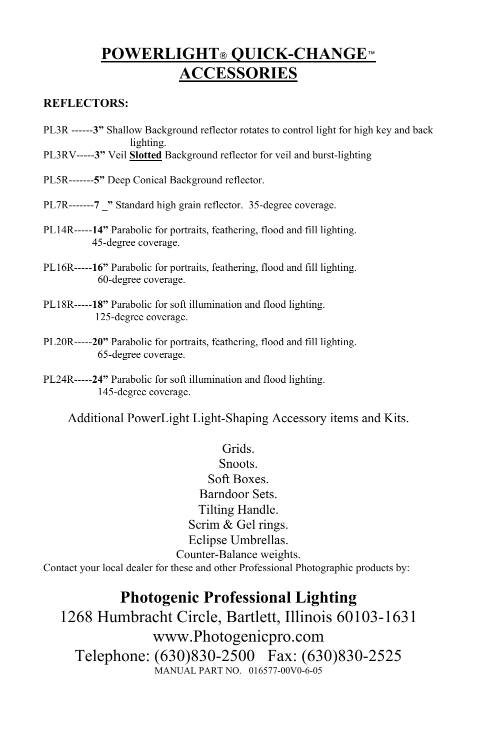 Powerlight, Quick-change, Accessories | Photogenic Professional Lighting PLR500DR User Manual | Page 24 / 24