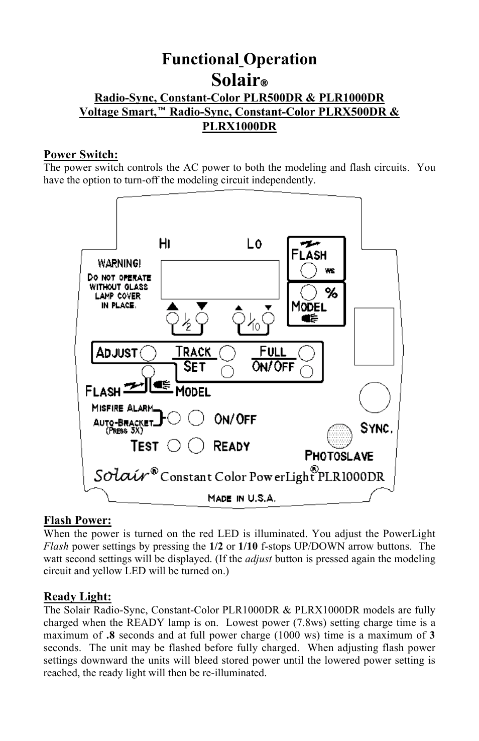 Solair, Functional operation | Photogenic Professional Lighting PLR500DR User Manual | Page 6 / 24