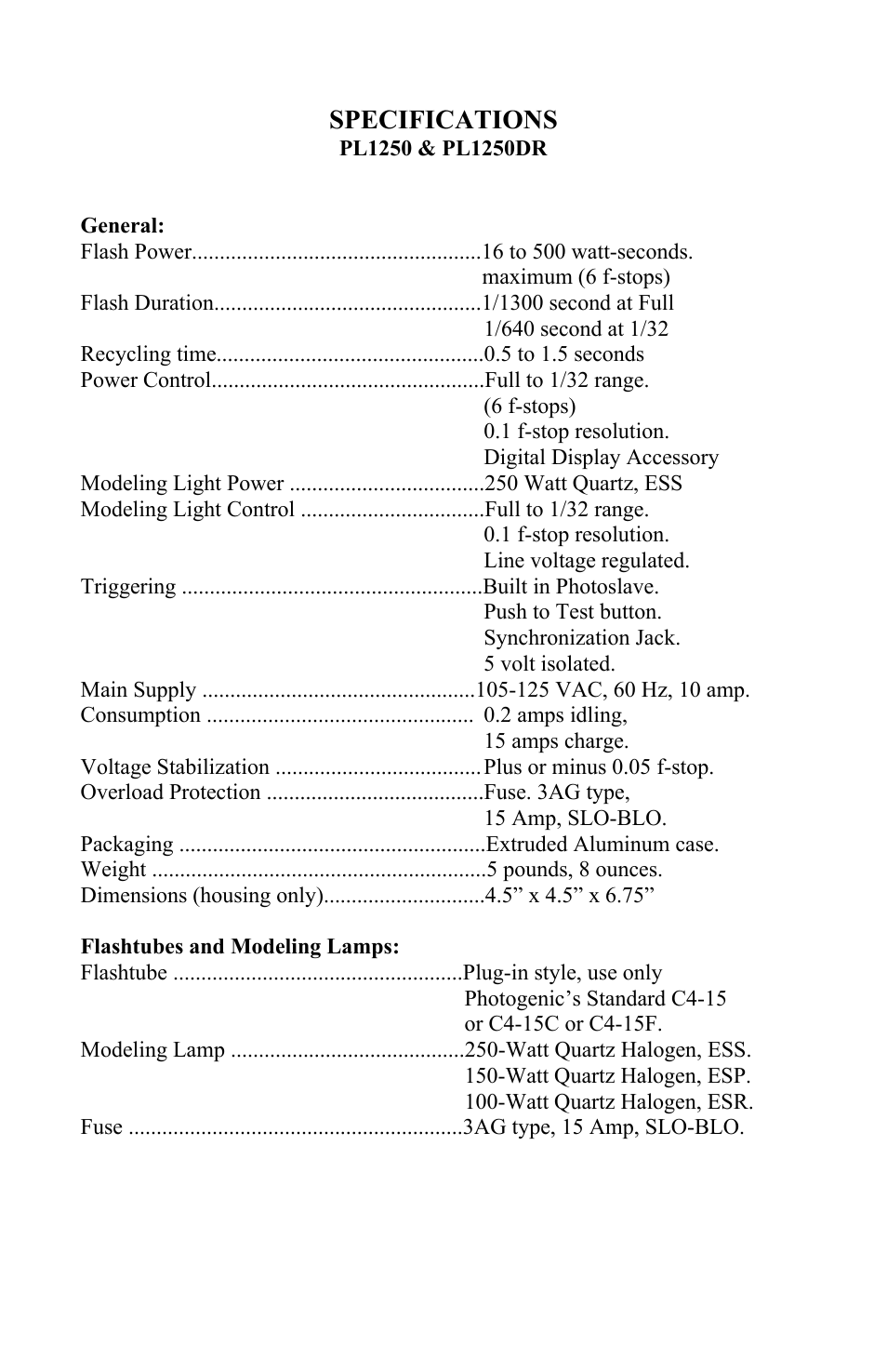 Specifications | Photogenic Professional Lighting PowerLight 1250 User Manual | Page 11 / 20
