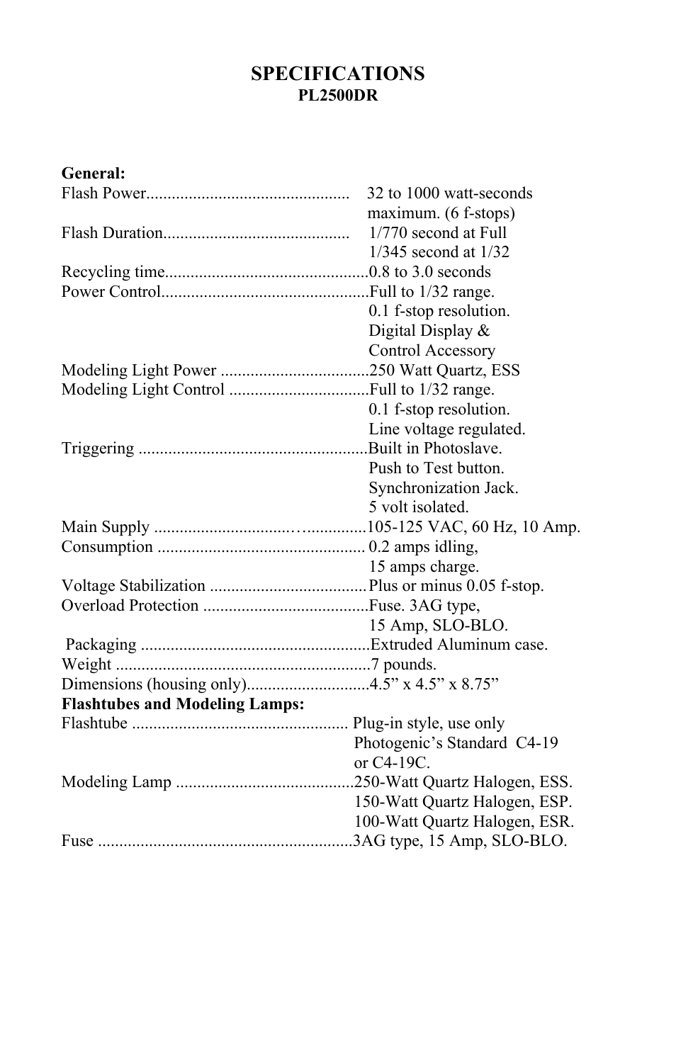Specifications | Photogenic Professional Lighting PowerLight 1250 User Manual | Page 13 / 20