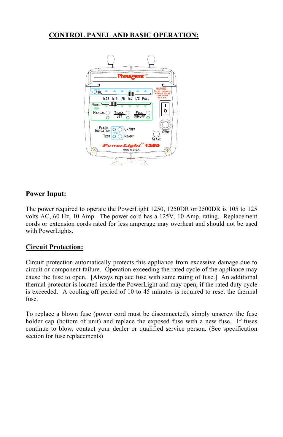 5control panel and basic operation: power input, Circuit protection | Photogenic Professional Lighting PowerLight 1250 User Manual | Page 5 / 20