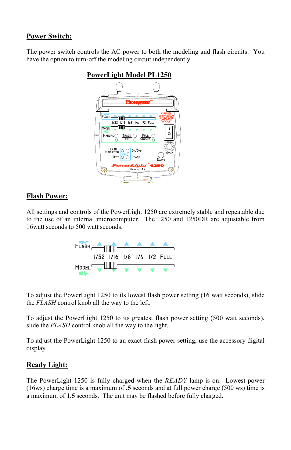 6power switch, Powerlight model pl1250 flash power, Ready light | Photogenic Professional Lighting PowerLight 1250 User Manual | Page 6 / 20