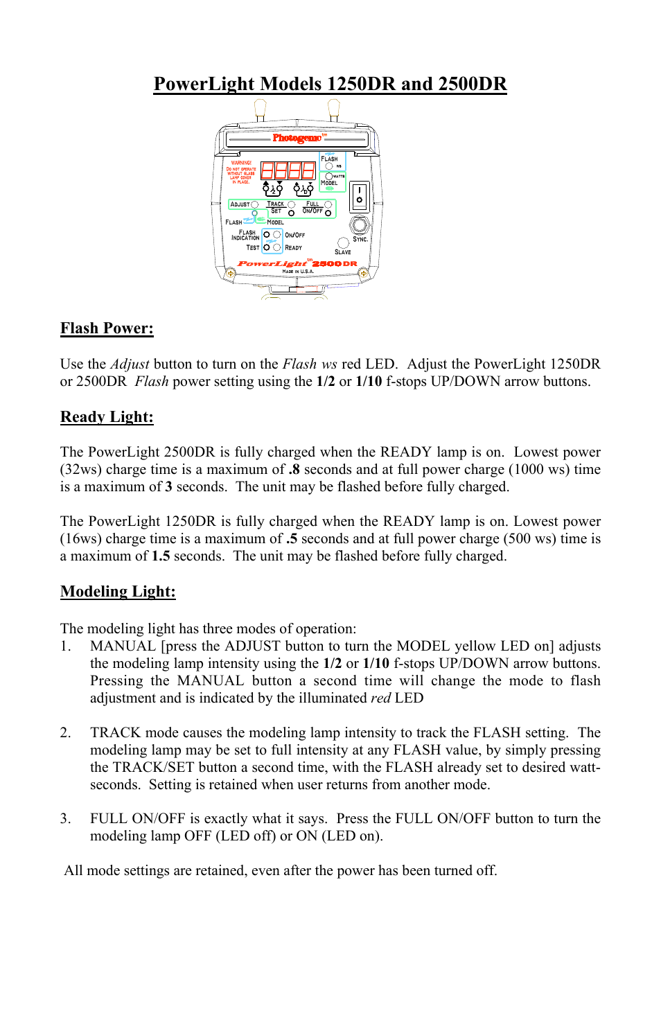 Flash power, Ready light, Modeling light | Photogenic Professional Lighting PowerLight 1250 User Manual | Page 8 / 20