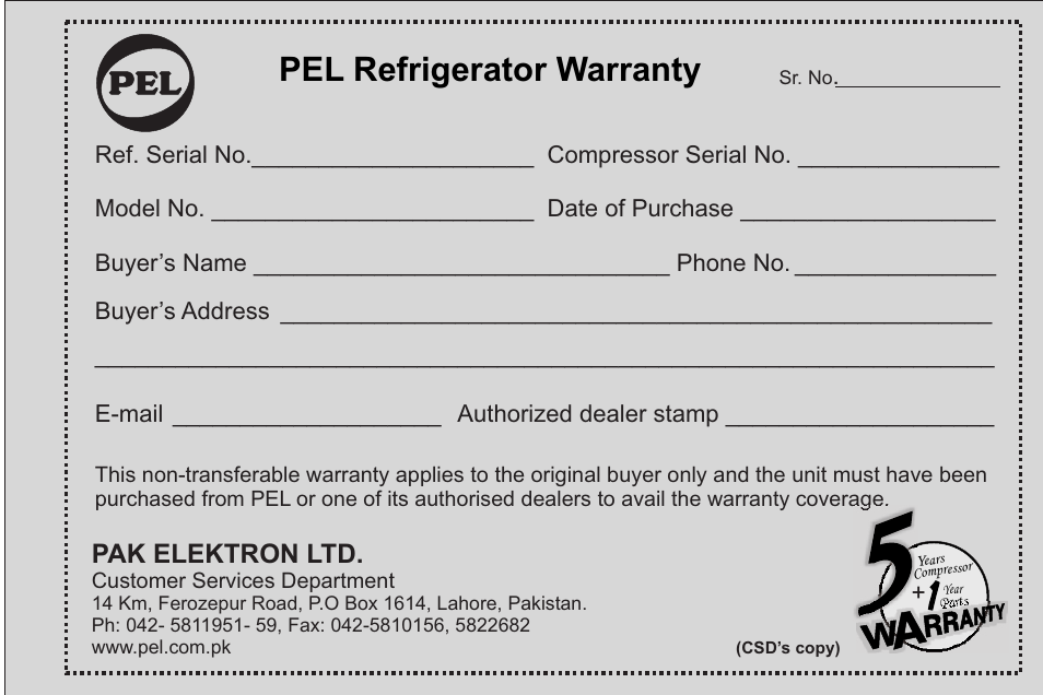 Pel refrigerator warranty, Pak elektron ltd, Buyer’s address | E-mail, Authorized dealer stamp | Pelco 20145JF User Manual | Page 17 / 34