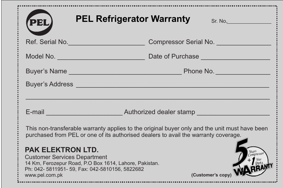 Pel refrigerator warranty, Pak elektron ltd | Pelco 20145JF User Manual | Page 19 / 34