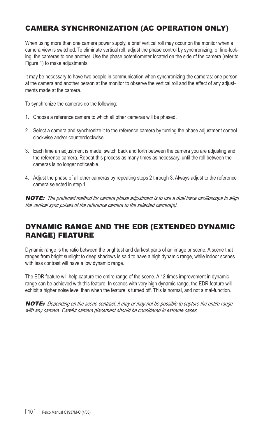 Camera synchronization (ac operation only) | Pelco CC3701H-2X User Manual | Page 10 / 12