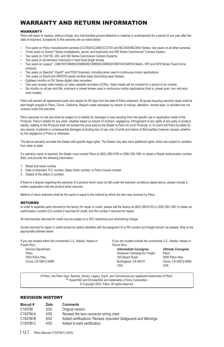 Warranty and return information | Pelco CC3701H-2X User Manual | Page 12 / 12