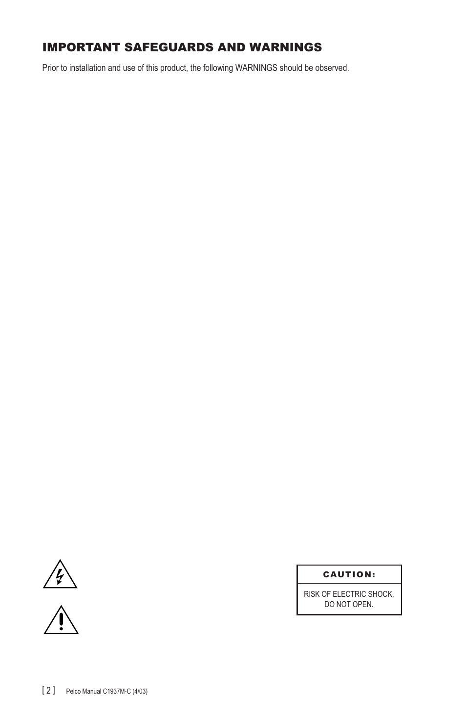 Important safeguards and warnings | Pelco CC3701H-2X User Manual | Page 2 / 12