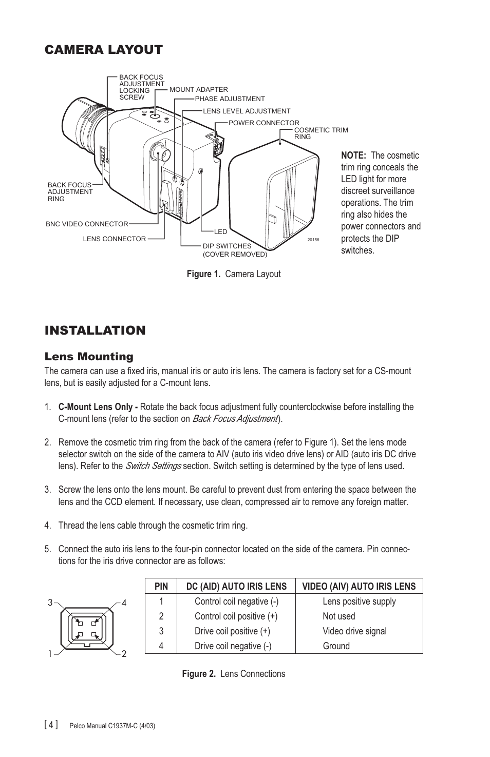 Camera layout, Installation, Lens mounting | Pelco CC3701H-2X User Manual | Page 4 / 12