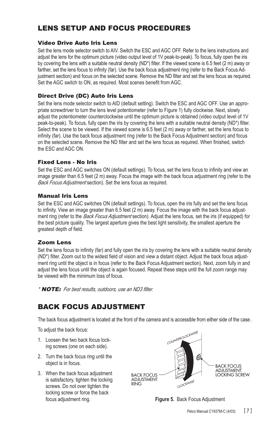 Lens setup and focus procedures, Back focus adjustment | Pelco CC3701H-2X User Manual | Page 7 / 12
