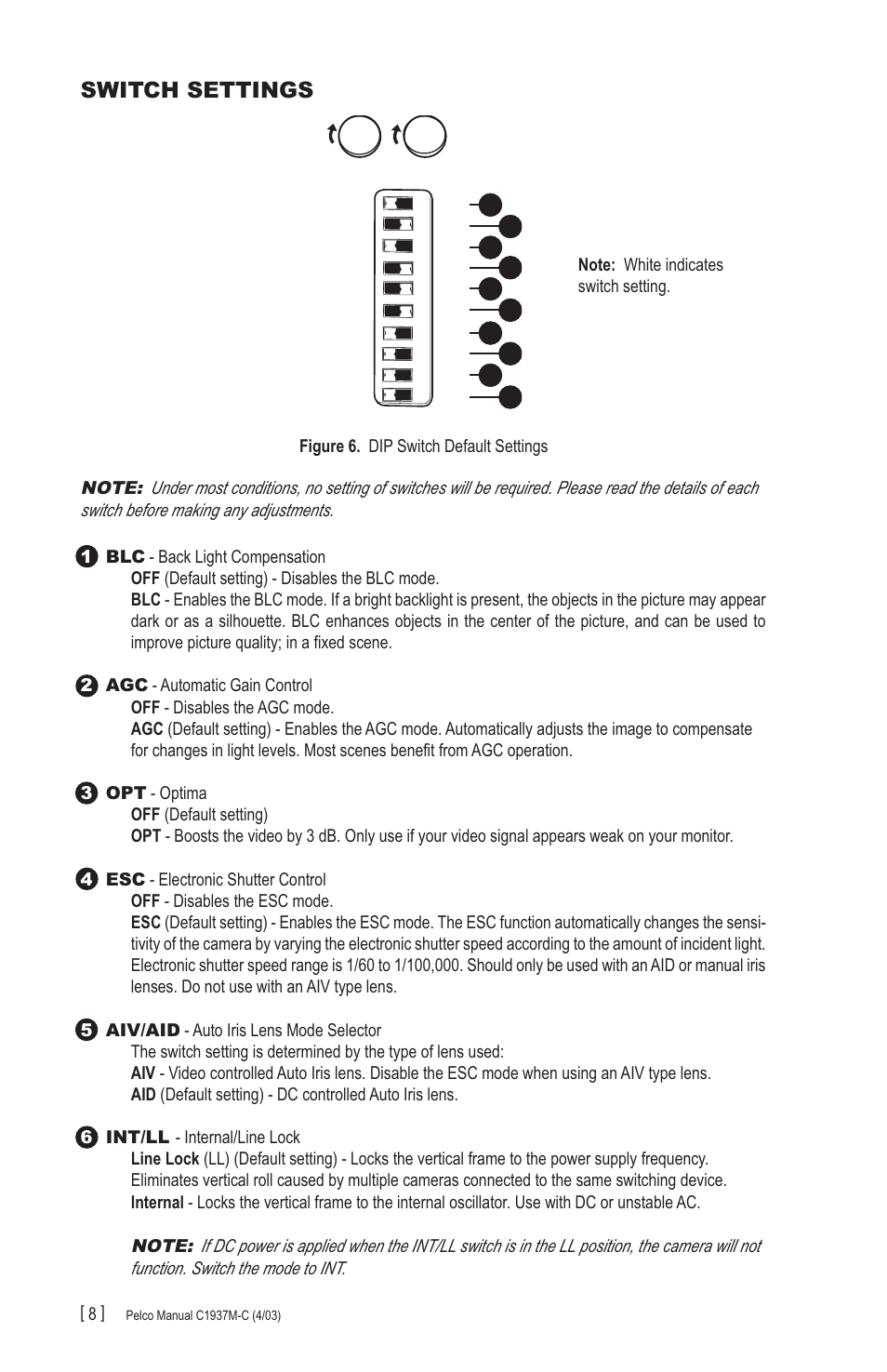 Switch settings | Pelco CC3701H-2X User Manual | Page 8 / 12