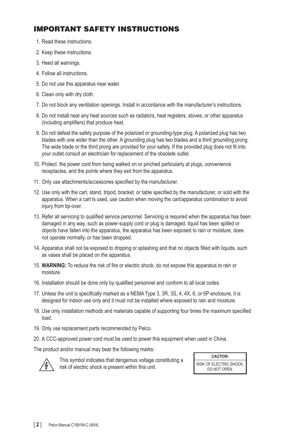 Important safety instructions | Pelco PMCS17A User Manual | Page 2 / 8