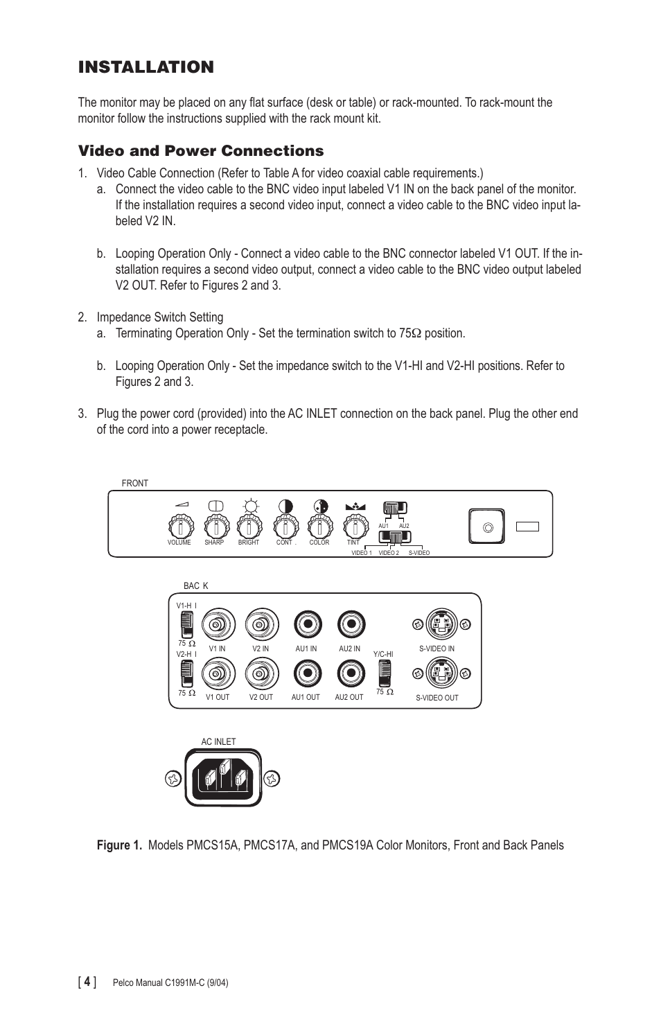 Installation, Video and power connections | Pelco PMCS17A User Manual | Page 4 / 8