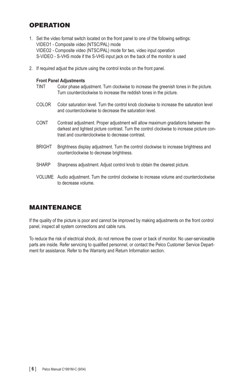 Operation, Maintenance | Pelco PMCS17A User Manual | Page 6 / 8