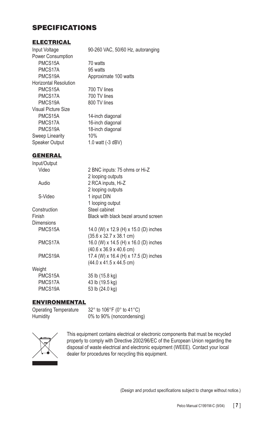 Specifications | Pelco PMCS17A User Manual | Page 7 / 8
