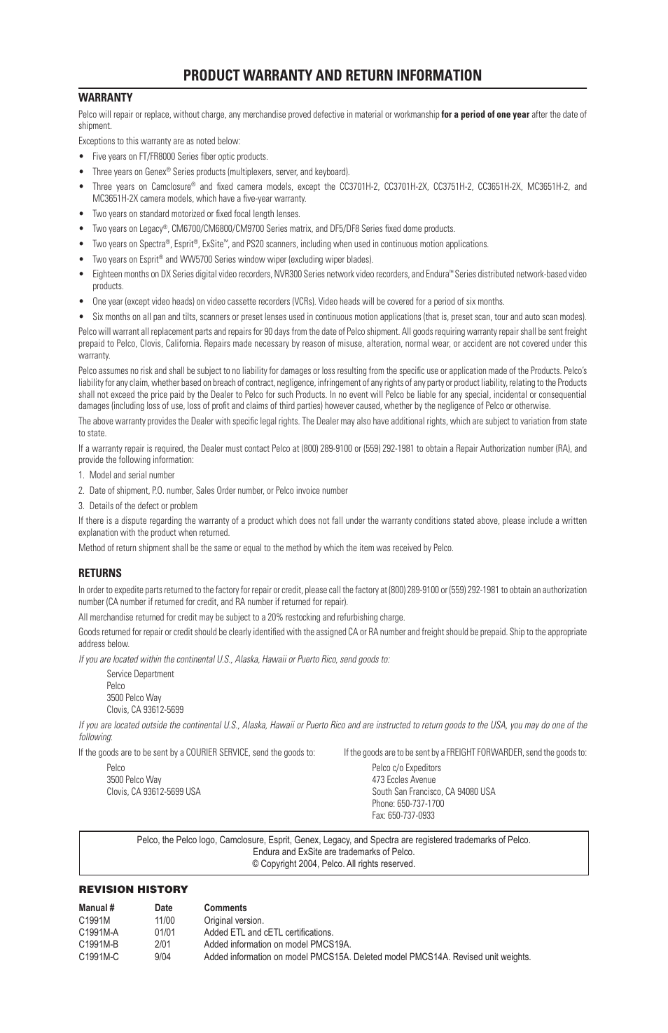 Product warranty and return information | Pelco PMCS17A User Manual | Page 8 / 8