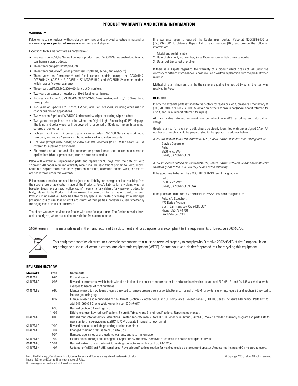 Product warranty and return information | Pelco EH8100 User Manual | Page 11 / 12
