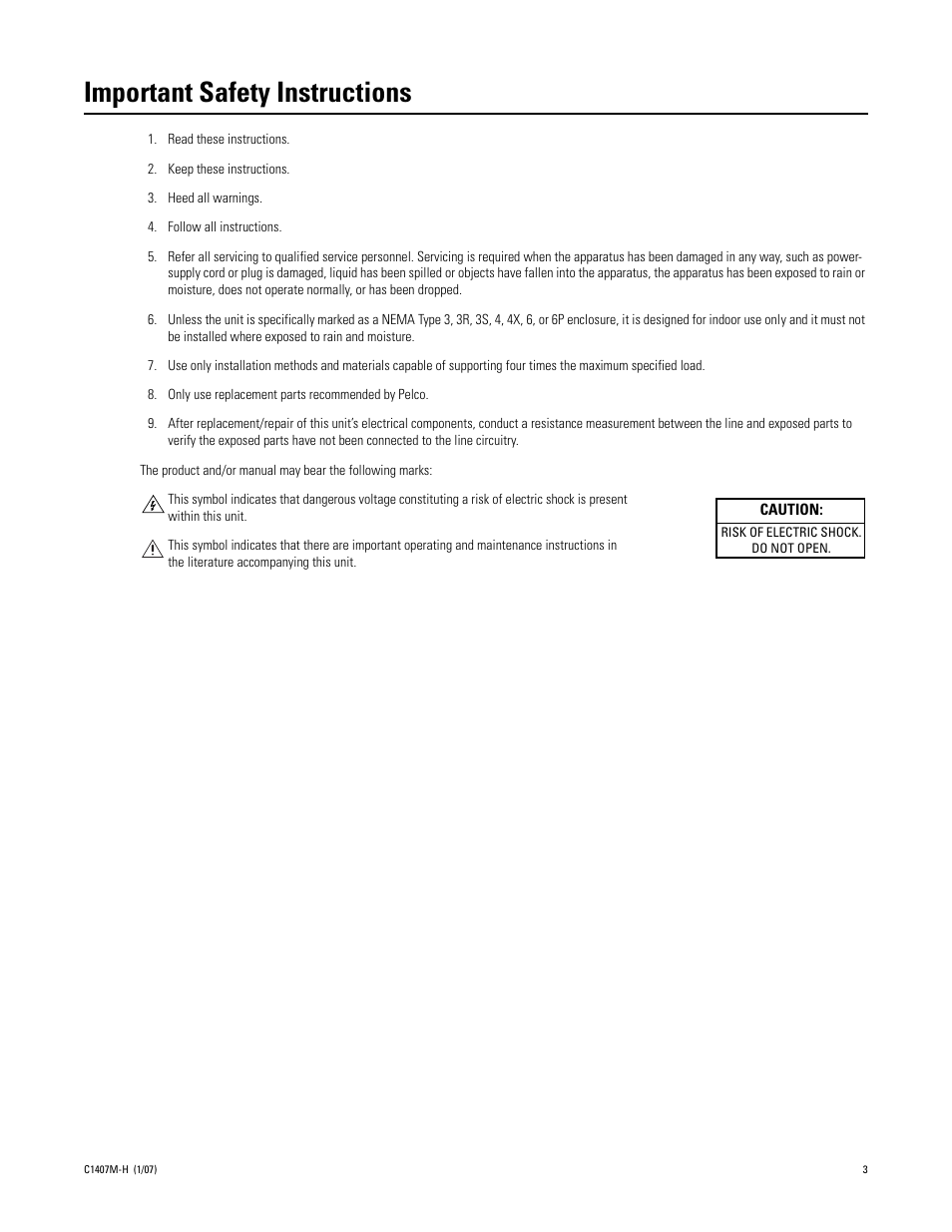 Important safety instructions | Pelco EH8100 User Manual | Page 3 / 12