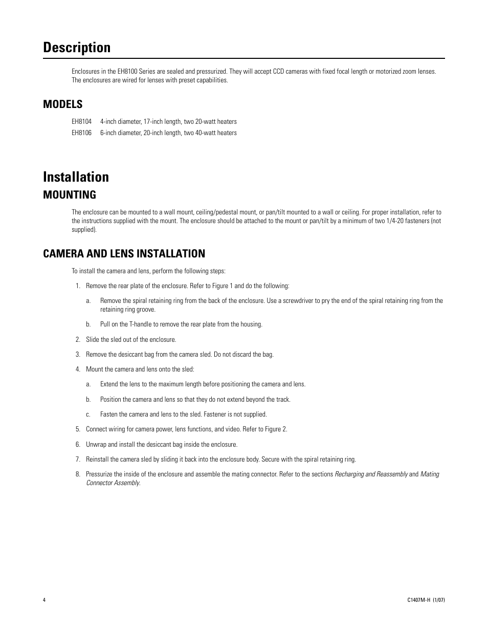 Description, Models, Installation | Mounting, Camera and lens installation, Mounting camera and lens installation | Pelco EH8100 User Manual | Page 4 / 12