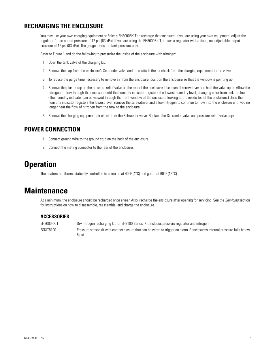 Recharging the enclosure, Power connection, Operation | Maintenance, Recharging the enclosure power connection | Pelco EH8100 User Manual | Page 7 / 12
