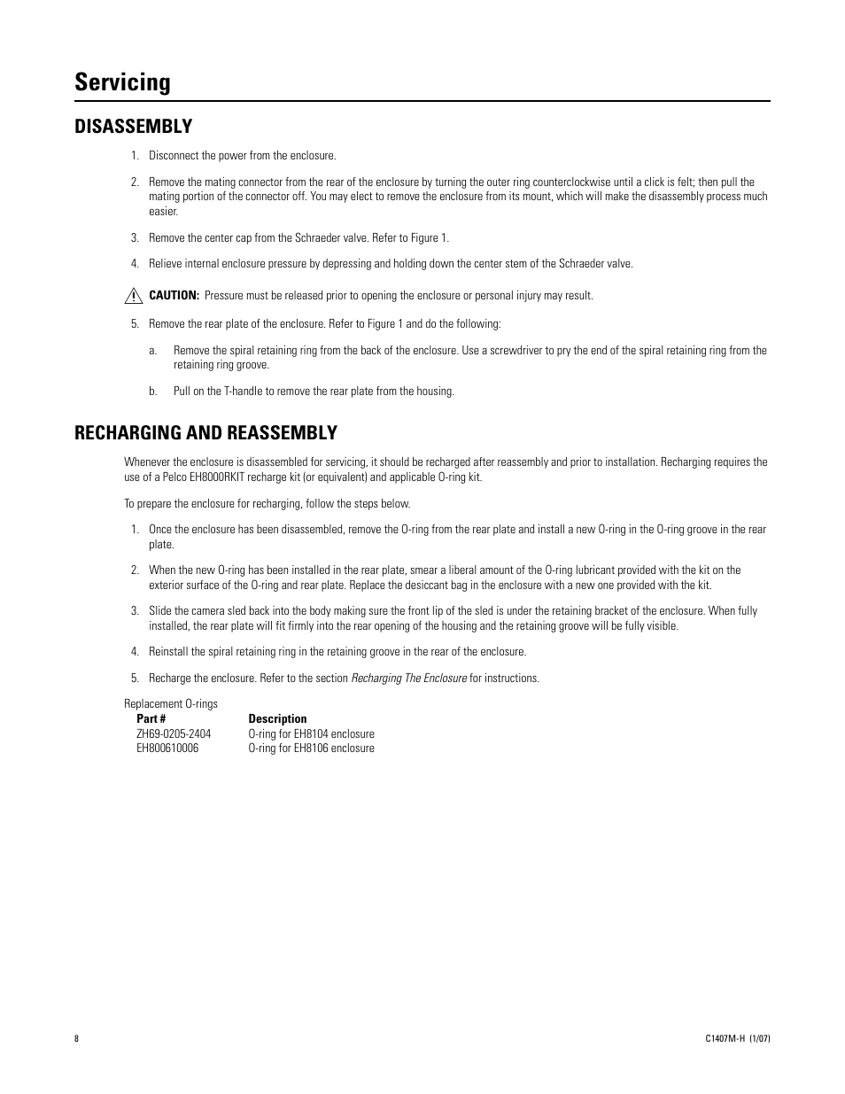 Servicing, Disassembly, Recharging and reassembly | Disassembly recharging and reassembly | Pelco EH8100 User Manual | Page 8 / 12
