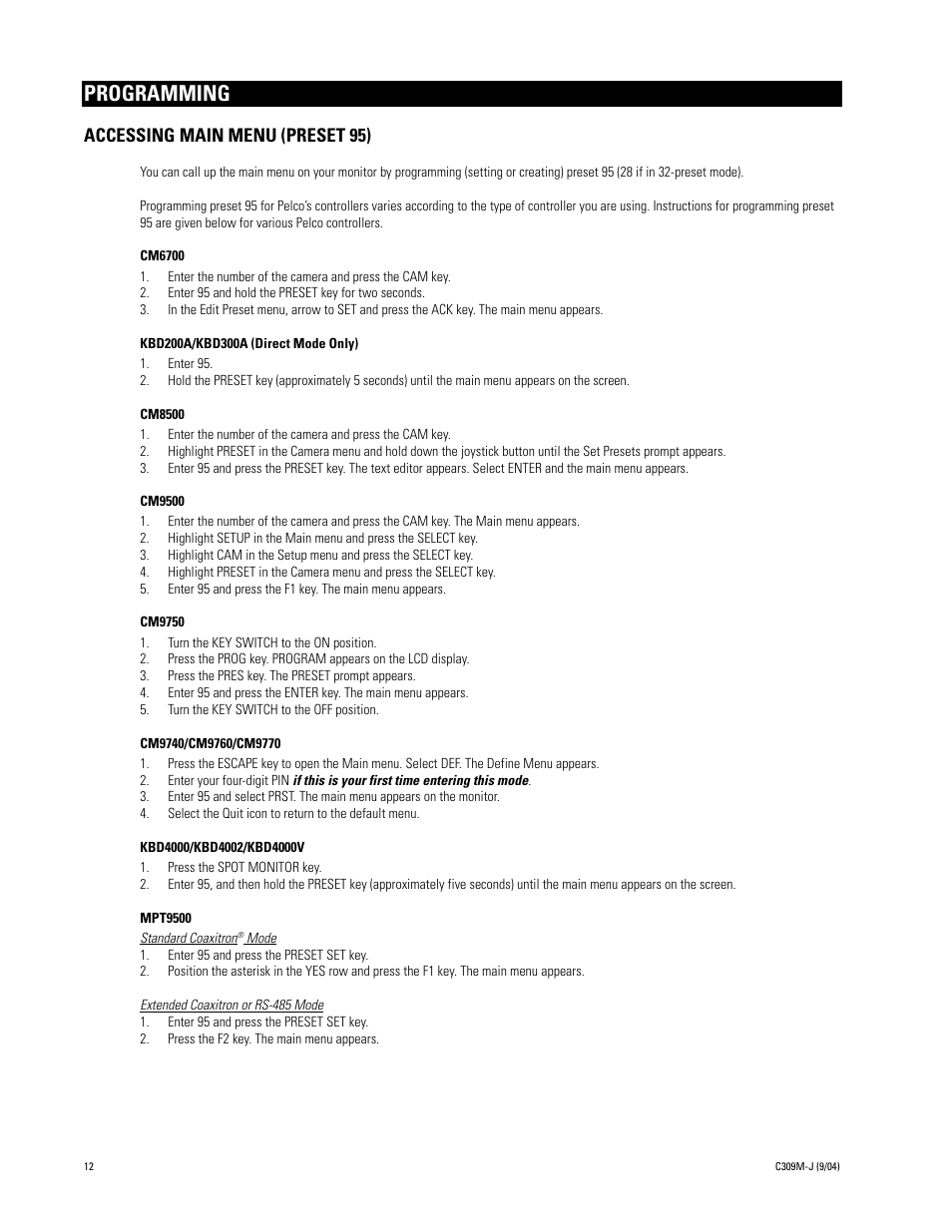 Programming, Accessing main menu (preset 95), Auto focus mode | Pelco ESPRIT ES30C User Manual | Page 12 / 50