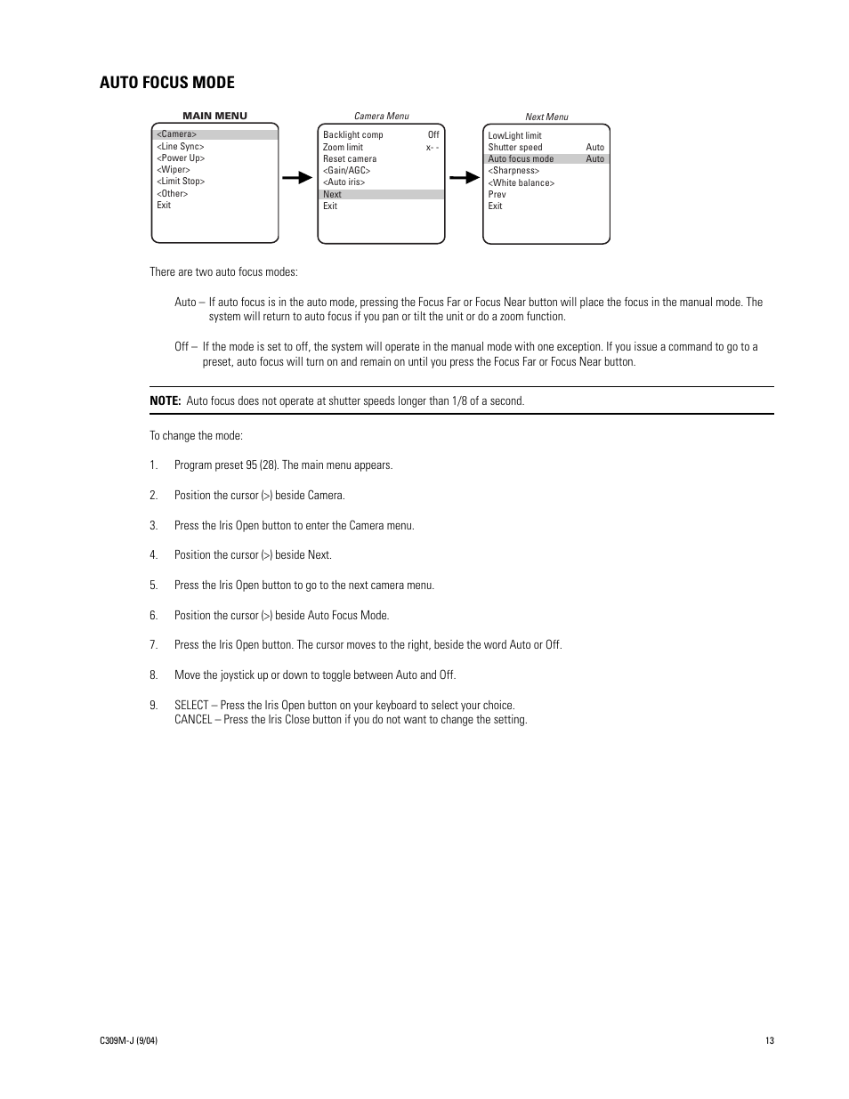 Auto focus mode | Pelco ESPRIT ES30C User Manual | Page 13 / 50
