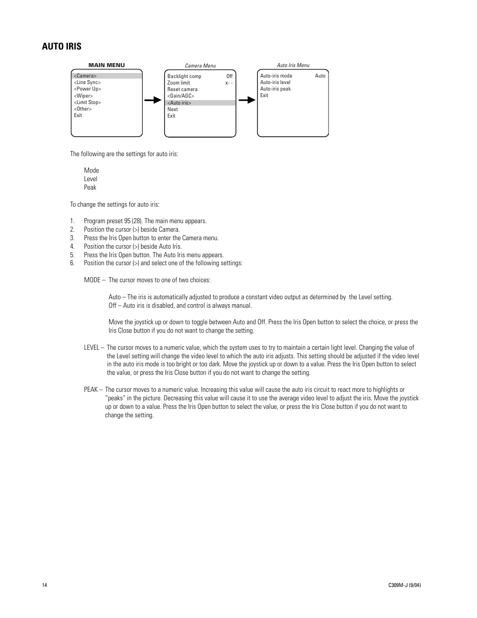 Auto iris | Pelco ESPRIT ES30C User Manual | Page 14 / 50