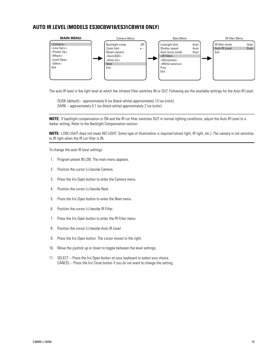 Auto ir level (models es30cbw18/es31cbw18 only), Auto sharpness | Pelco ESPRIT ES30C User Manual | Page 15 / 50