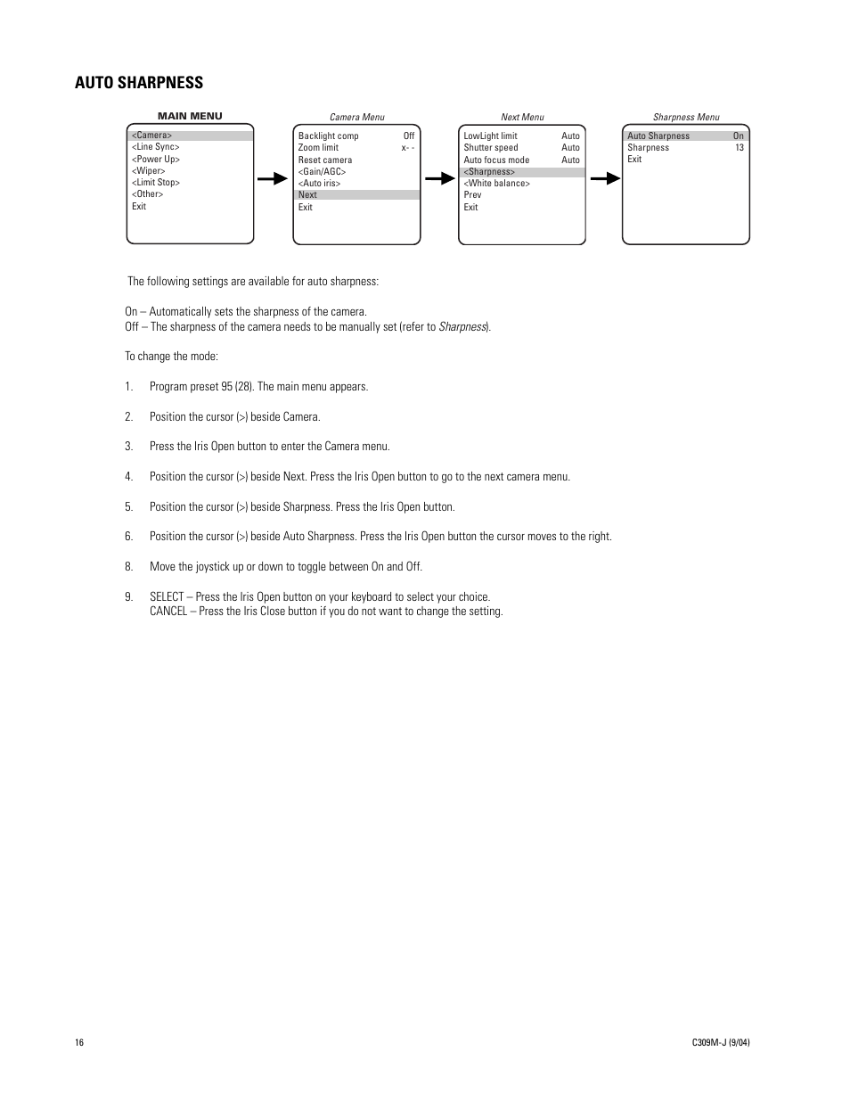 Auto sharpness | Pelco ESPRIT ES30C User Manual | Page 16 / 50