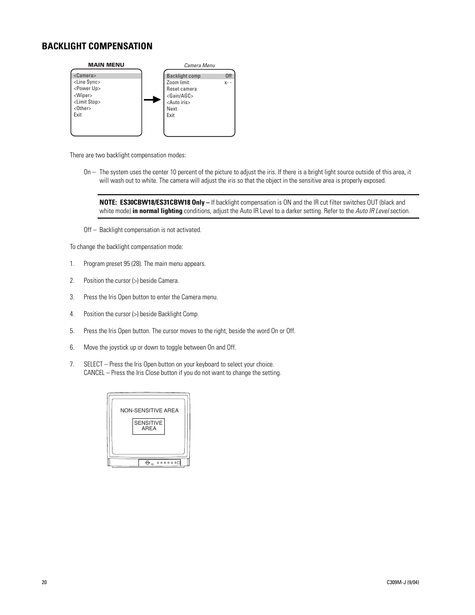 Backlight compensation, Direction | Pelco ESPRIT ES30C User Manual | Page 20 / 50