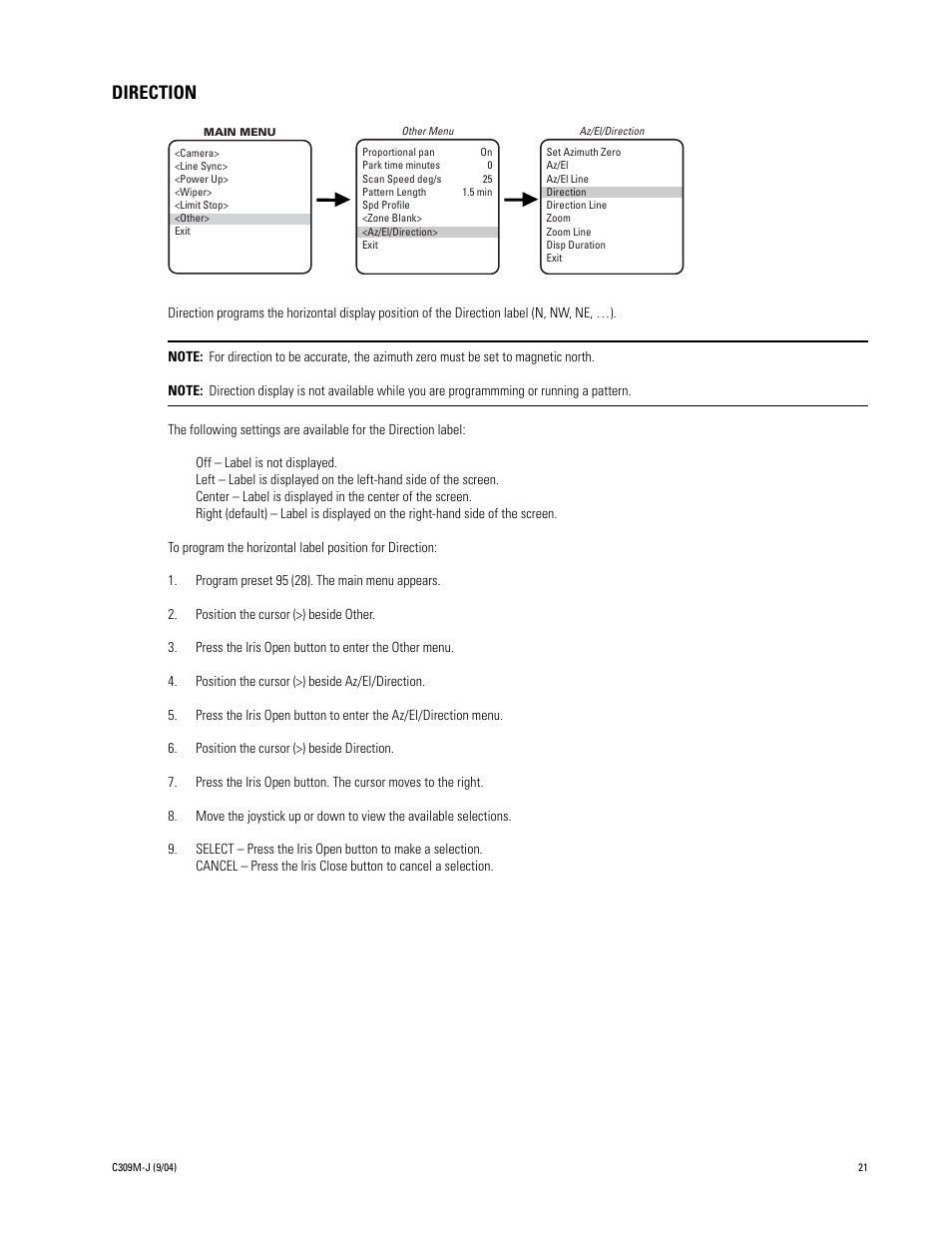 Direction | Pelco ESPRIT ES30C User Manual | Page 21 / 50